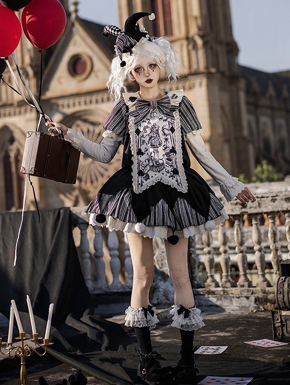 Black Striped Clown Doll Gothic Lolita Loose OP Dress Set