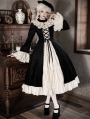 Black and Beige Open Front Ruffle Velvet Gothic Lolita OP Dress