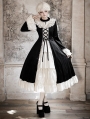 Black and Beige Open Front Ruffle Velvet Gothic Lolita OP Dress