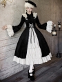 Black and Beige Open Front Ruffle Velvet Gothic Lolita OP Dress