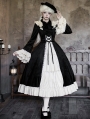 Black and Beige Open Front Ruffle Velvet Gothic Lolita OP Dress