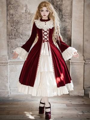 Red and Beige Open Front Ruffle Velvet Gothic Lolita OP Dress