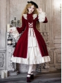 Red and Beige Open Front Ruffle Velvet Gothic Lolita OP Dress