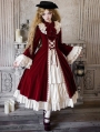 Red and Beige Open Front Ruffle Velvet Gothic Lolita OP Dress