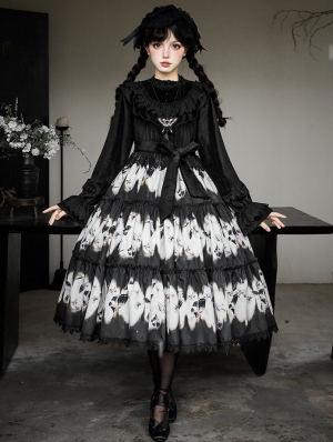 Black Gothic Butterfly Print Long Sleeve Lolita OP Dress