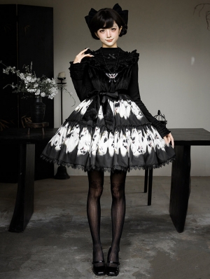 Black Gothic Butterfly Print Ruffled Short Lolita JSK Dress