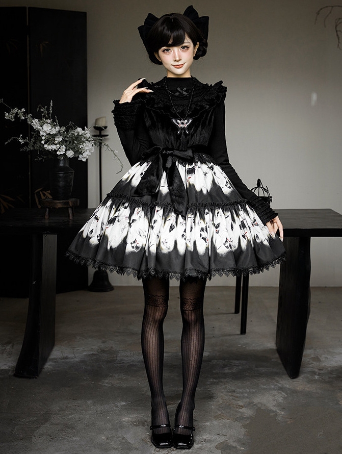 Black Gothic Butterfly Print Ruffled Short Lolita JSK Dress