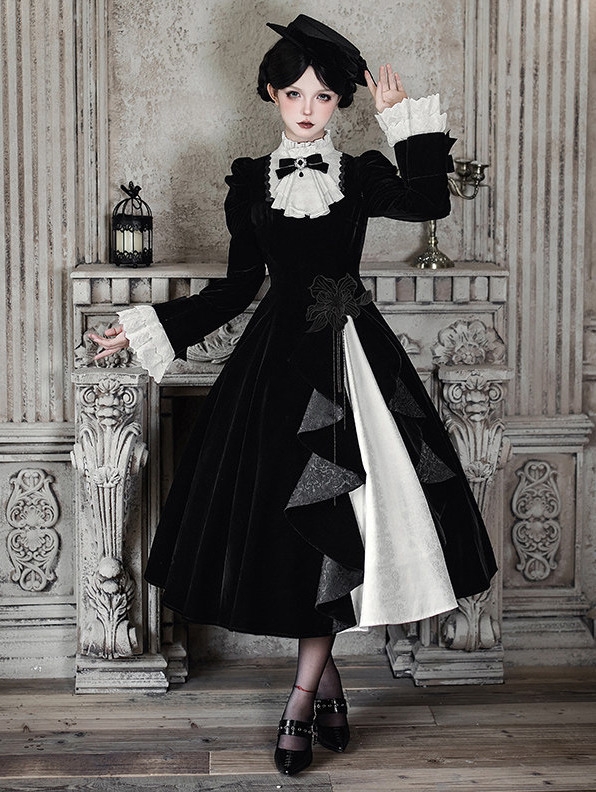 Black and White Gothic Asymmetrical Ruffled Lolita OP Dress