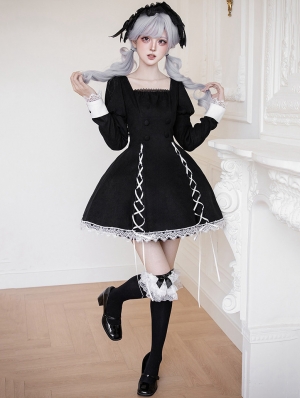 Black Gothic Lolita Short OP Dress with Detachable Collar