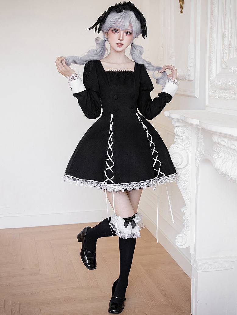 Black Gothic Lolita Short OP Dress with Detachable Collar