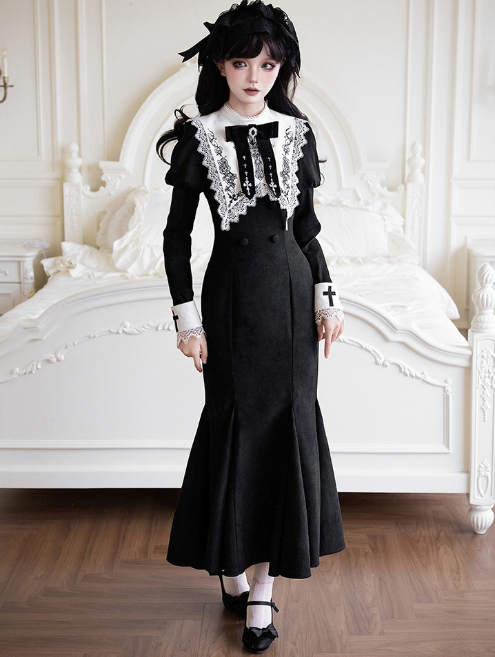 Black Gothic Lolita Mermaid Long OP Dress with Detachable Collar