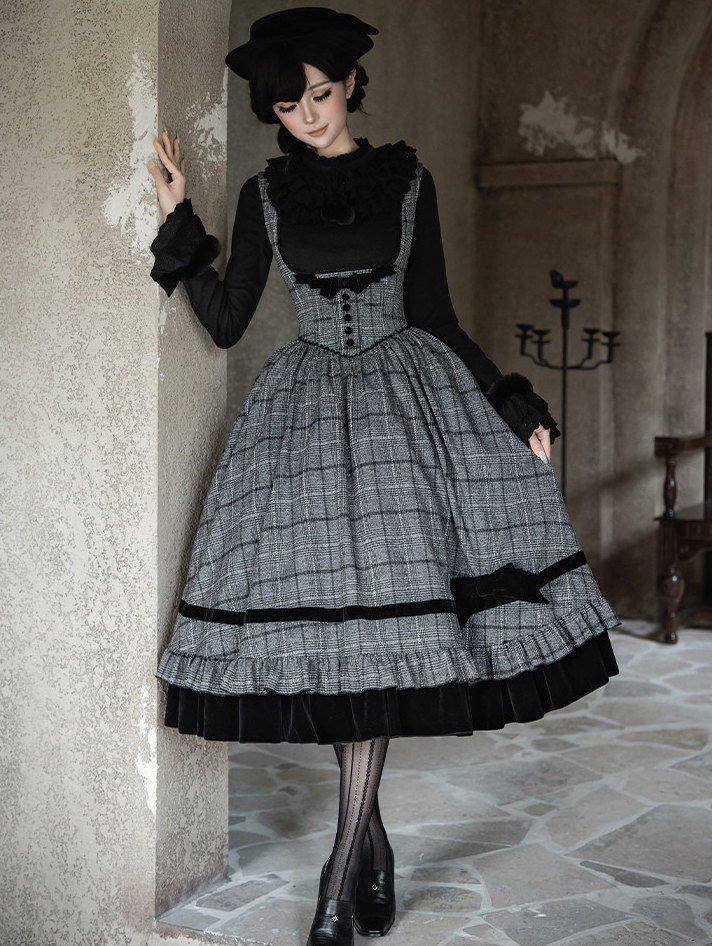 Gray and Black Vintage Plaid Pattern Underbust Gothic Lolita Dress