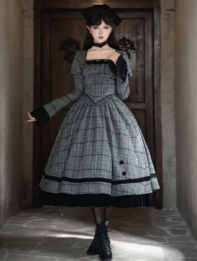 Gray and Black Vintage Plaid Pattern Gothic Lolita OP Dress