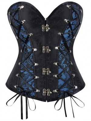 Black and Blue Brocade Steampunk Gothic Overbust Corset