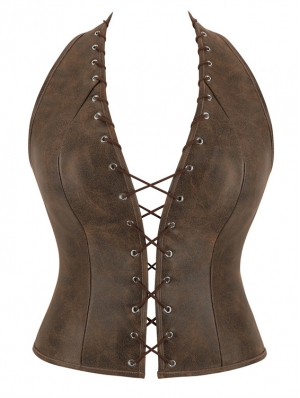 Brown Vintage Hollow Out Lace-Up Halter Corset