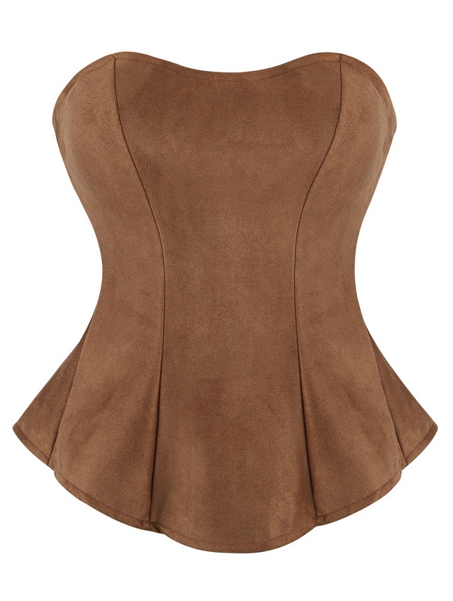 Brown Vintage Ruffled Overbust Corset with Zip Back
