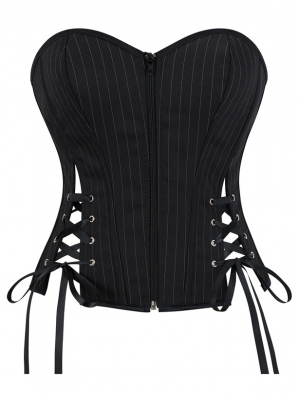 Black Striped Punk Zip Front Gothic Overbust Corset