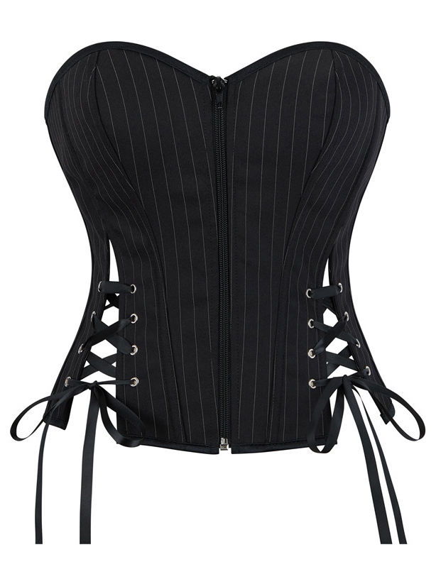 Black Striped Punk Zip Front Gothic Overbust Corset