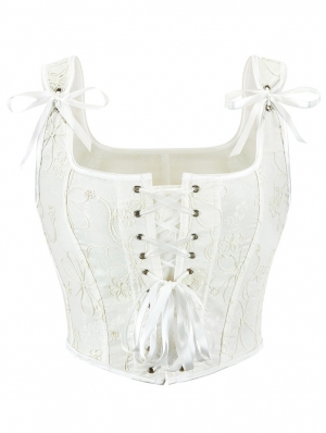 White Floral Jacquard Bow Strap Victorian Overbust Corset