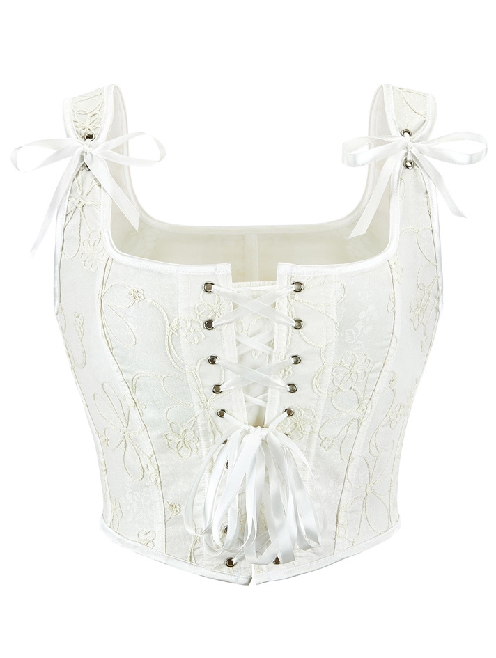 White Floral Jacquard Bow Strap Victorian Overbust Corset
