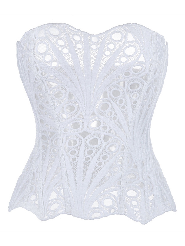 White Gothic Textured Sheer Floral Lace Overbust Corset