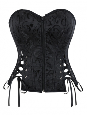 Black Brocade Zip Front Gothic Overbust Corset