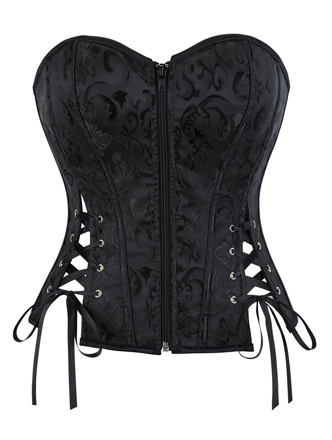 Black Brocade Zip Front Gothic Overbust Corset