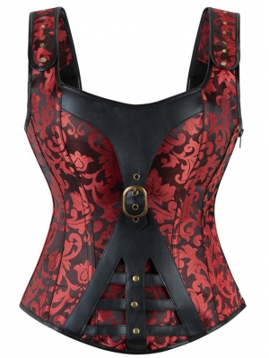 Red and Black Brocade Retro Steampunk Gothic Overbust Corset
