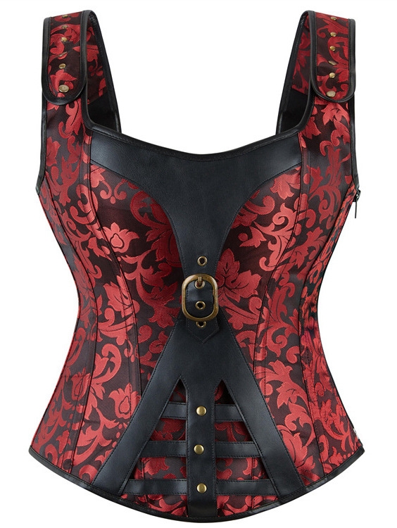 Red and Black Brocade Retro Steampunk Gothic Overbust Corset