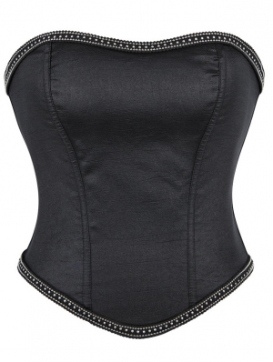 Black Gothic Silver Beaded Chain Trim Overbust Corset