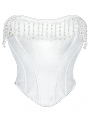 White Gothic Pearl Beaded Tassel Bridal Overbust Corset