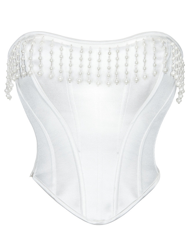 White Gothic Pearl Beaded Tassel Bridal Overbust Corset