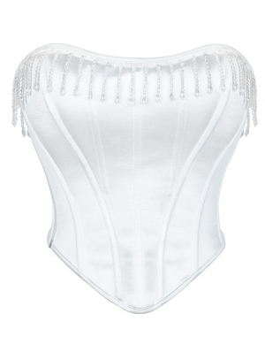 White Gothic Crystal Beaded Tassle Bridal Corset