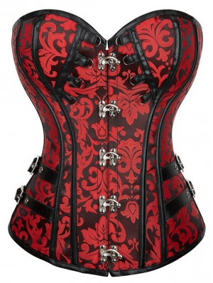 Red Gothic Floral Print Steampunk Overbust Corset