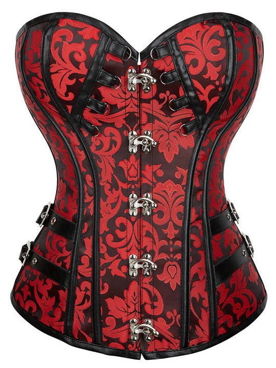 Red Gothic Floral Print Steampunk Overbust Corset