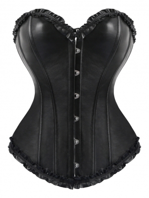 Black Gothic PU Ruffle Trim Overbust Corset