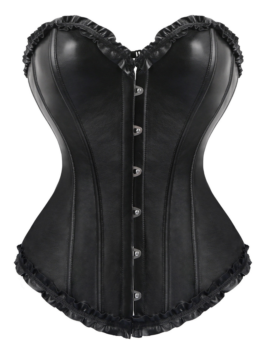 Black Gothic PU Ruffle Trim Overbust Corset