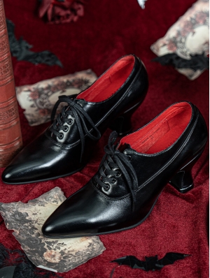 Black Gothic Victorian Heeled Lace-Up Leather Shoes