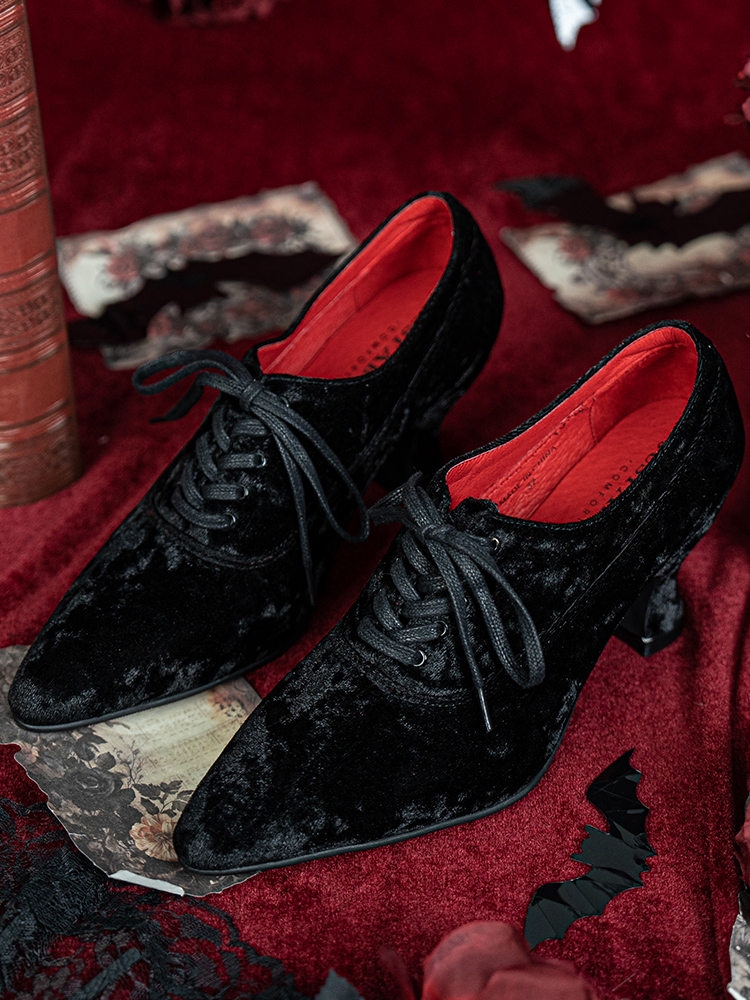 Black Gothic Victorian Heeled Lace-Up Velvet Shoes