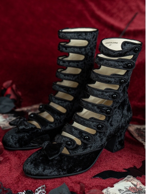 Black Cutout Chunky Heel Victorian Boots with Bow