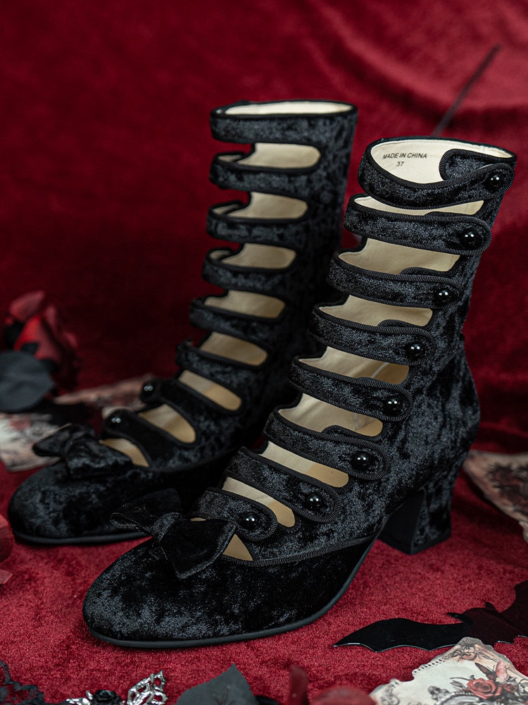 Black Cutout Chunky Heel Victorian Boots with Bow