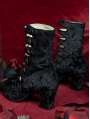 Black Cutout Chunky Heel Victorian Boots with Bow