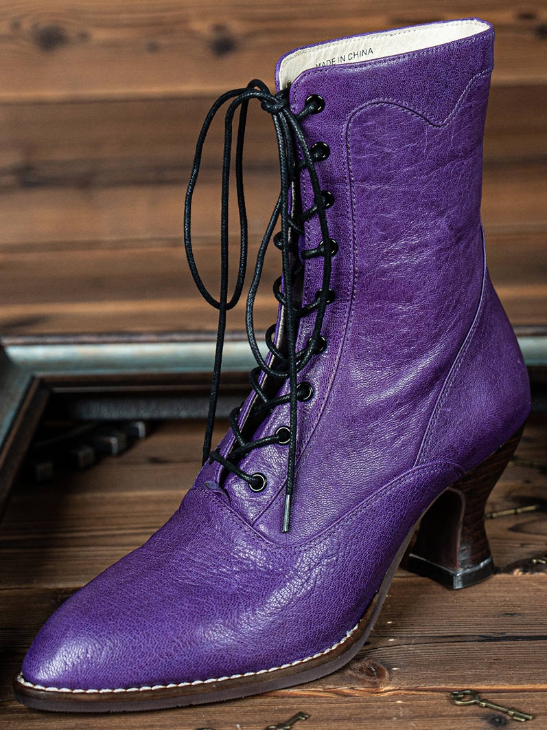 Purple Leather Gothic Victorian Lace-Up Ankle Boots