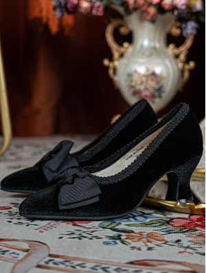 Black Embroidered Block Heel Victorian Shoes with Bow