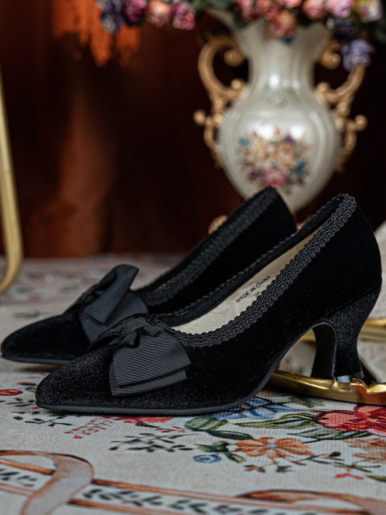 Black Embroidered Block Heel Victorian Shoes with Bow