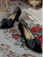 Black Embroidered Block Heel Victorian Shoes with Bow