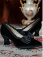 Black Embroidered Block Heel Victorian Shoes with Bow