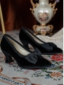 Black Embroidered Block Heel Victorian Shoes with Bow