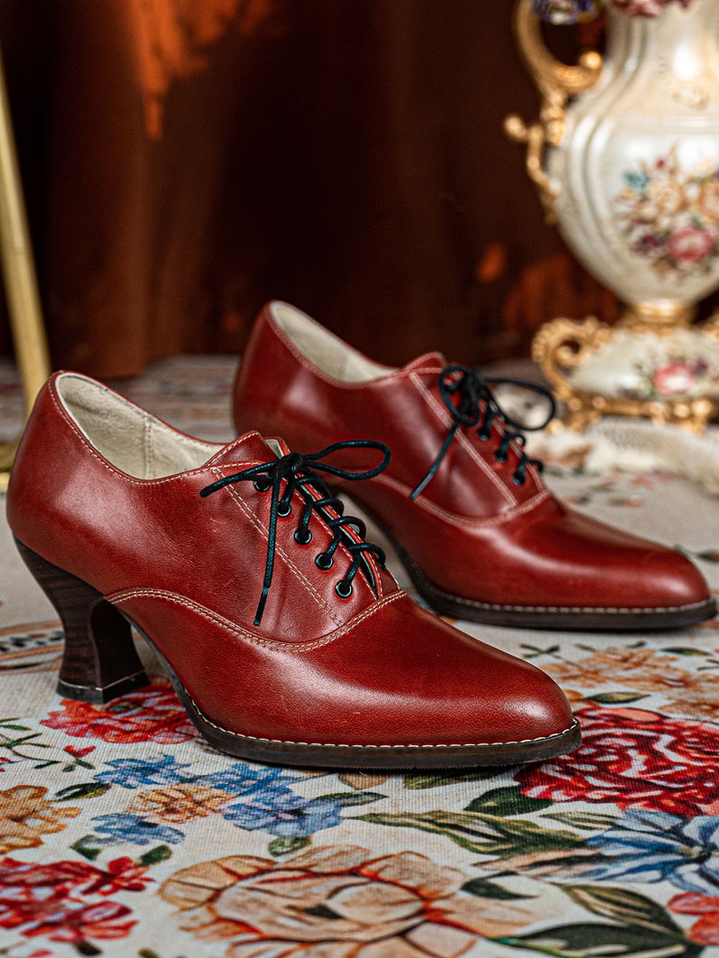 Red Vintage Lace-Up Victorian Leather Oxford Heels