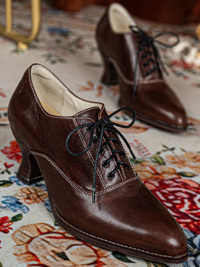 Brown Vintage Lace-Up Victorian Leather Oxford Heels